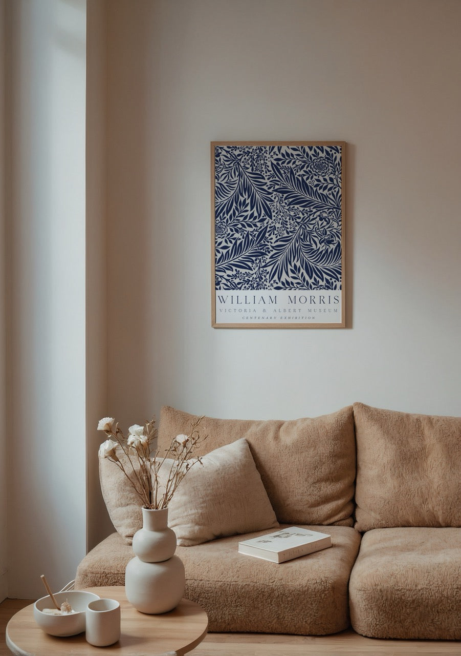William Morris Centenary Exhibition Poster featuring intricate floral patterns in blue.