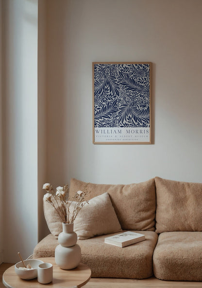 William Morris Centenary Exhibition Poster featuring intricate floral patterns in blue.