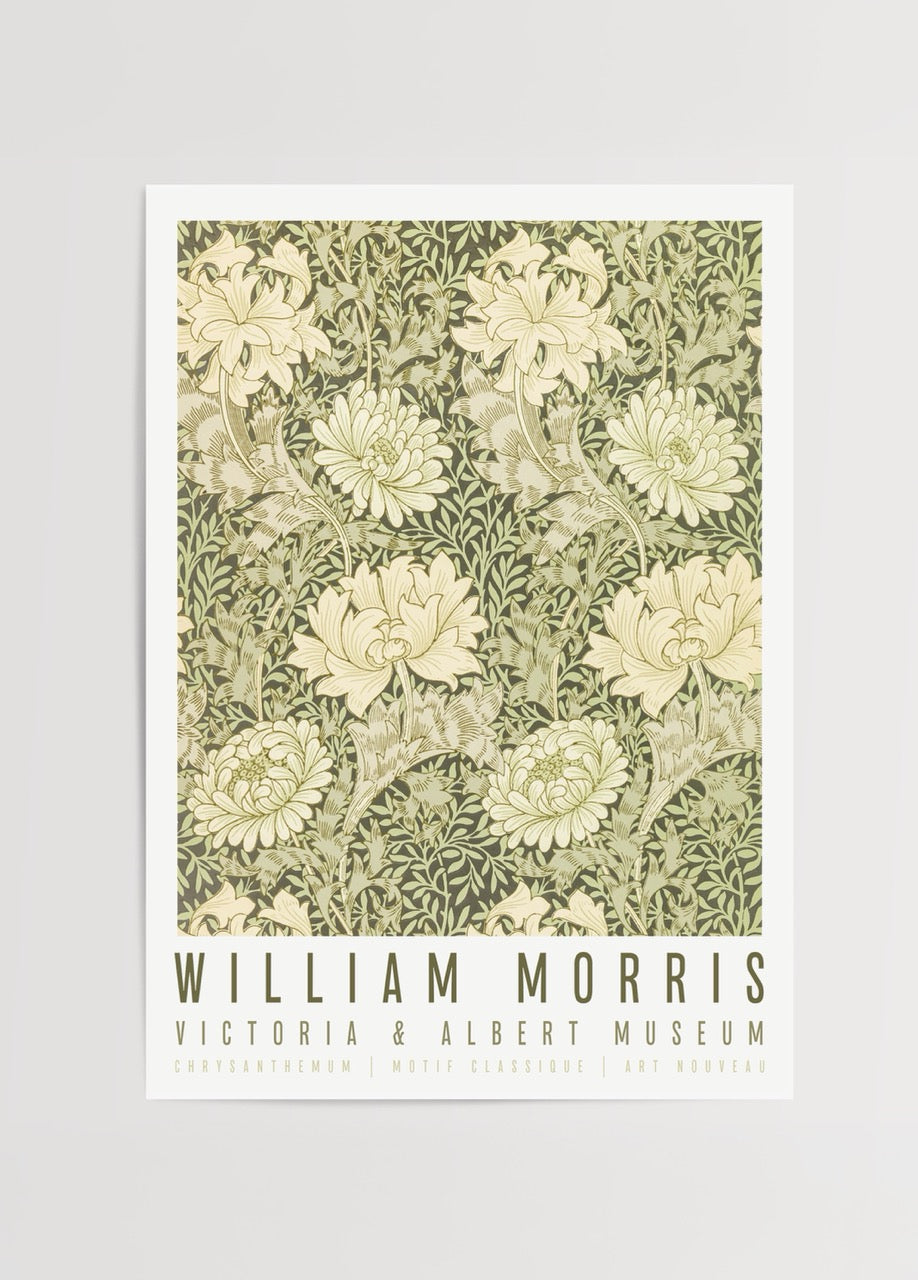 Intricate Art Nouveau poster featuring charming chrysanthemums in green and beige hues.