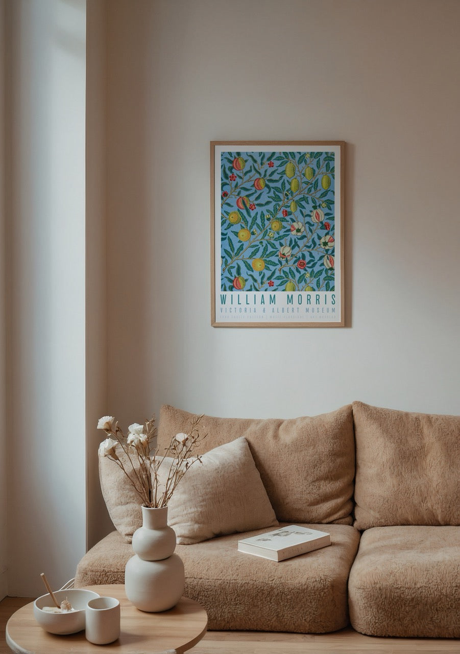 Botanical poster featuring vibrant fruits and floral designs on a blue background.