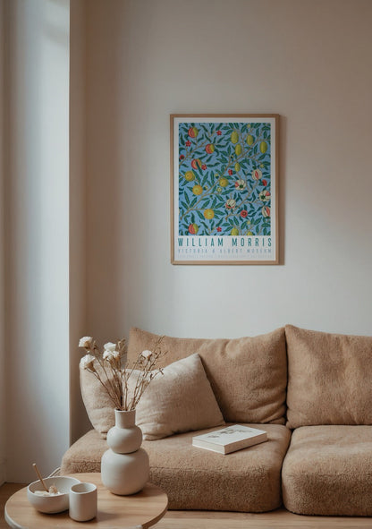 Botanical poster featuring vibrant fruits and floral designs on a blue background.