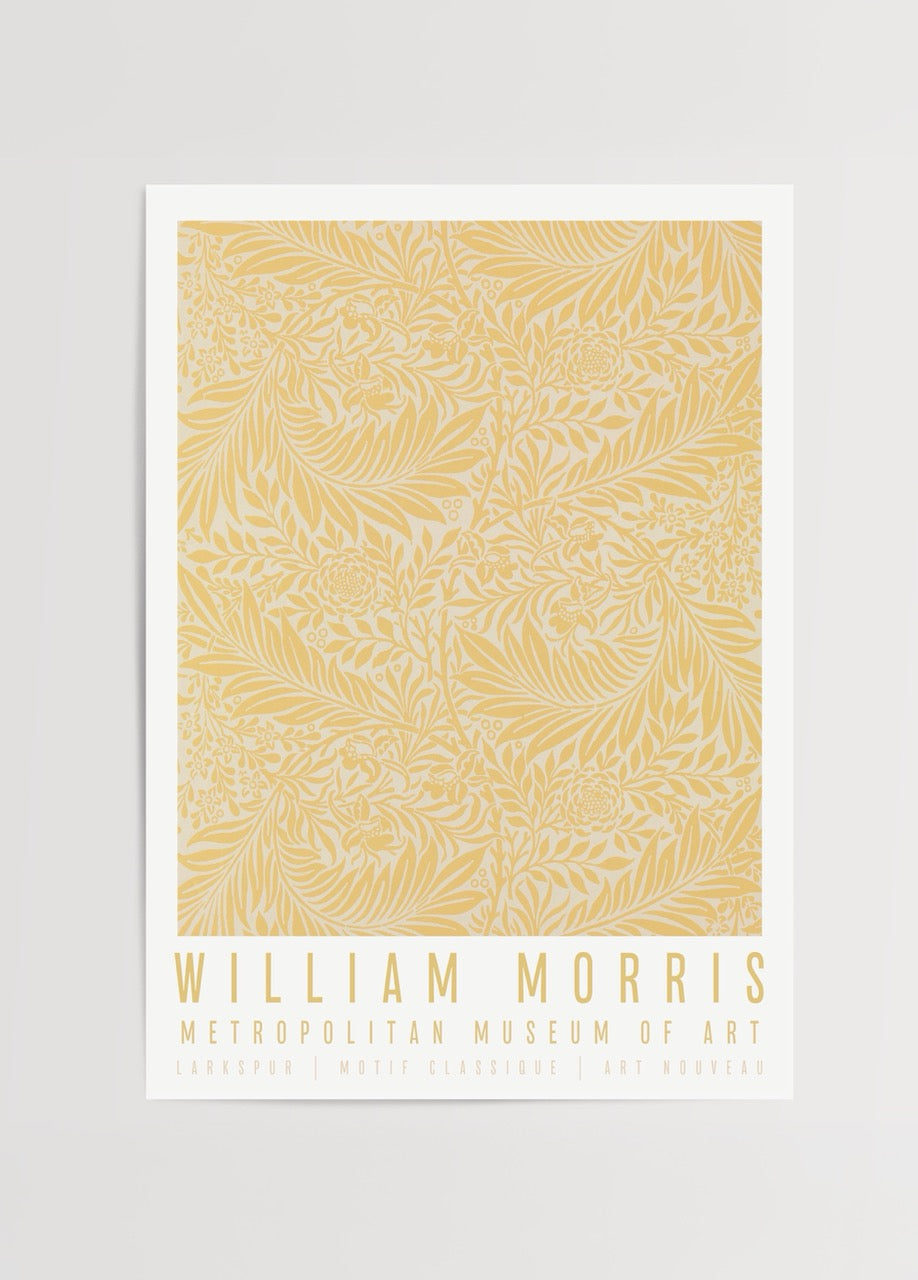 Larkspur Elegance Botanical Print in soft yellow tones, showcasing floral designs.