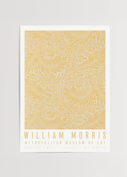Larkspur Elegance Botanical Print in soft yellow tones, showcasing floral designs.