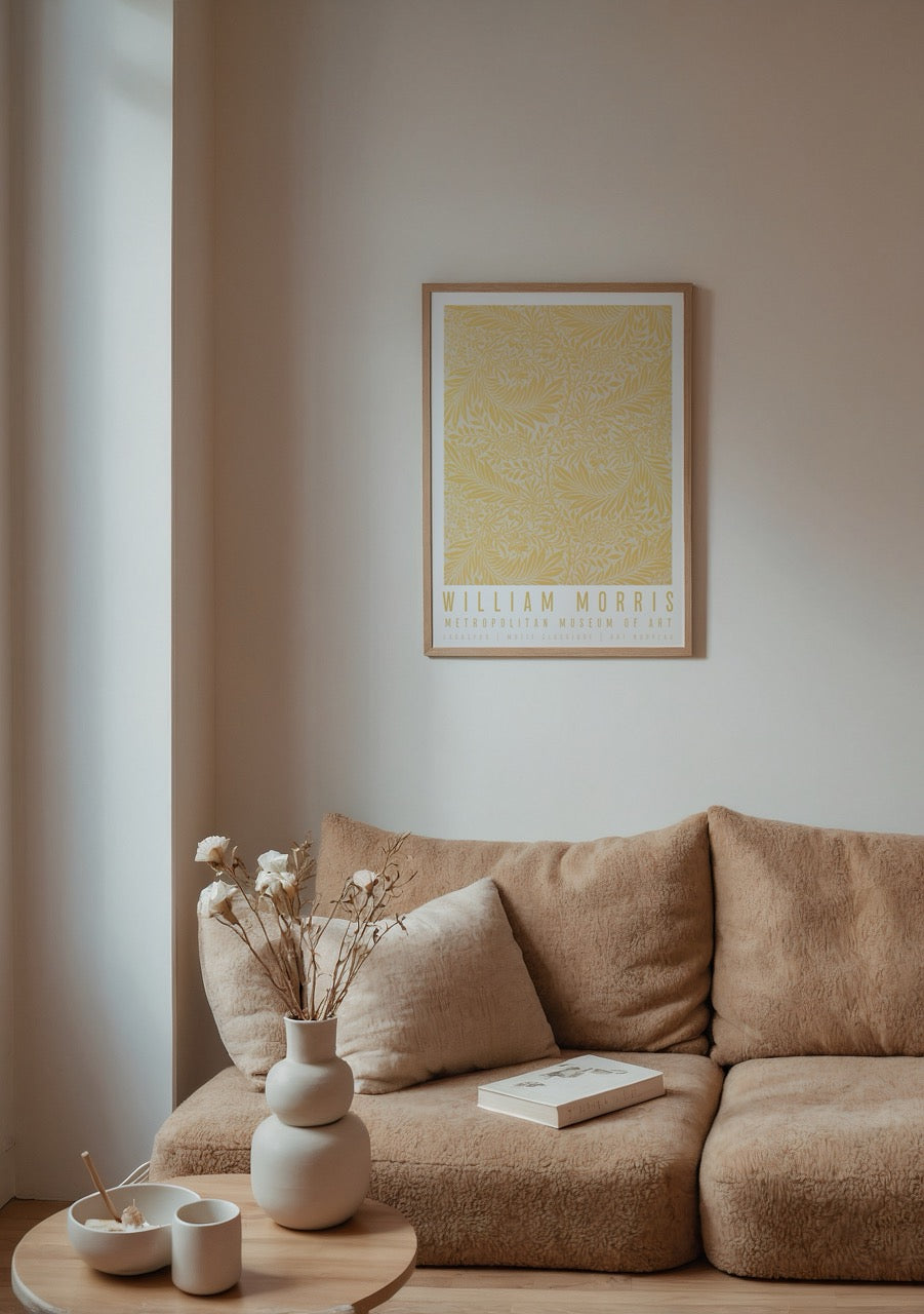 Larkspur Elegance Botanical Print in soft yellow tones, showcasing floral designs.