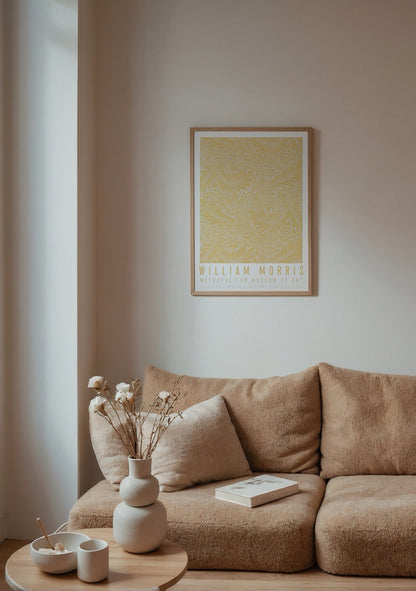 Larkspur Elegance Botanical Print in soft yellow tones, showcasing floral designs.