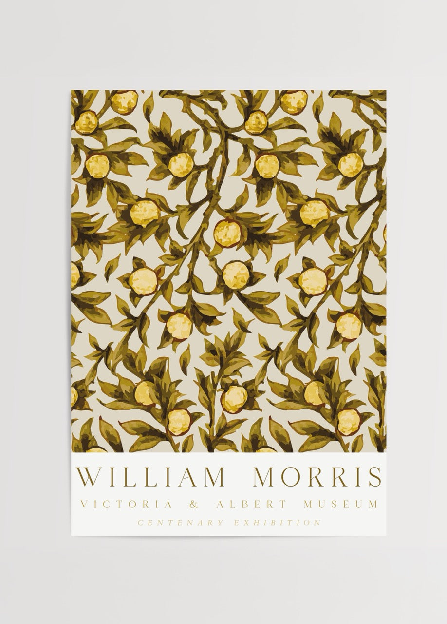 William Morris Centenary Lemon Branches Poster featuring vibrant lemon branches on a neutral background.