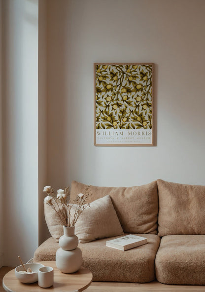 William Morris Centenary Lemon Branches Poster featuring vibrant lemon branches on a neutral background.