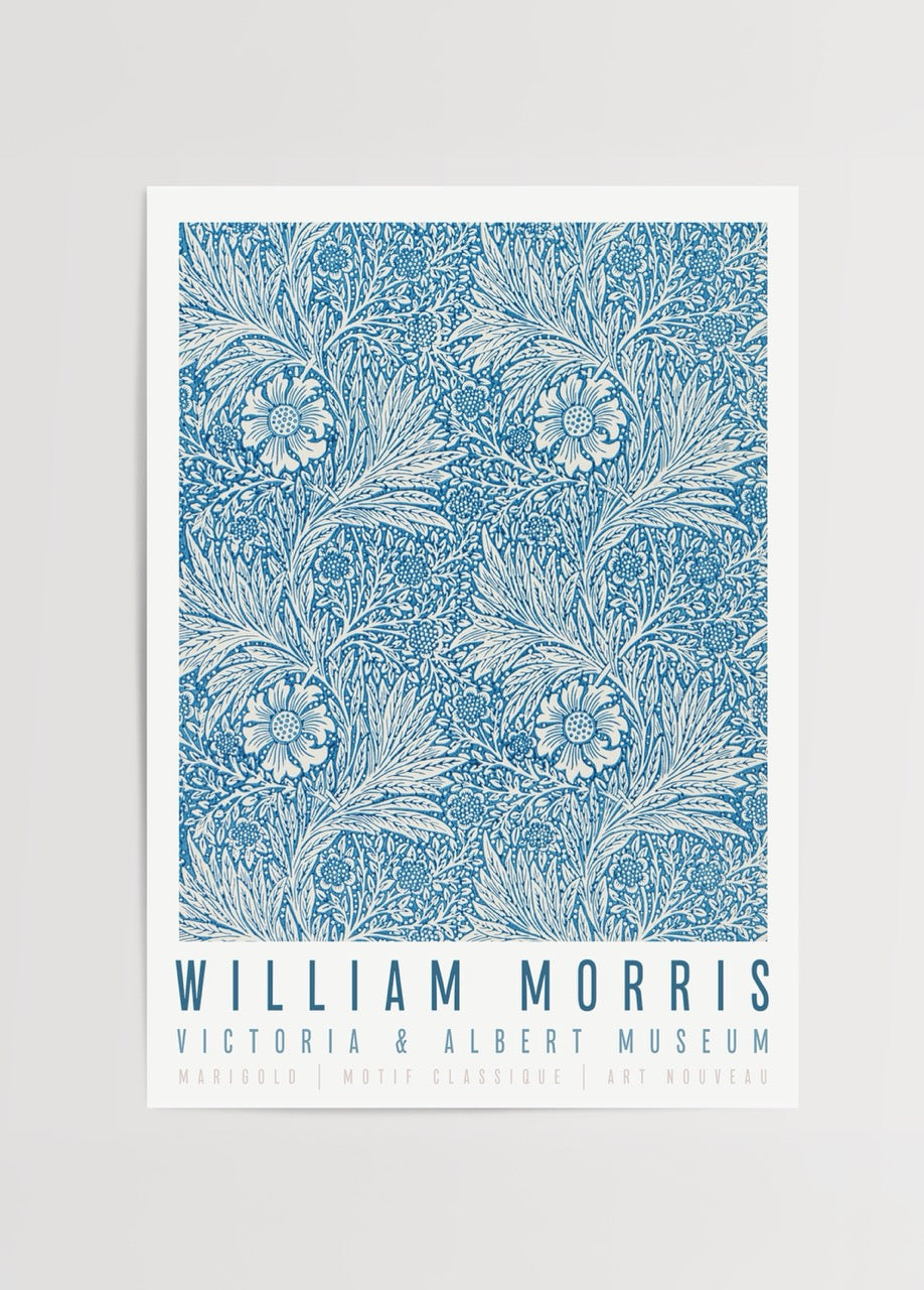 Elegant floral marigold design in blue tones, art nouveau style.