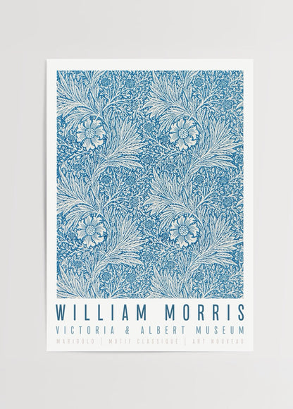 Elegant floral marigold design in blue tones, art nouveau style.