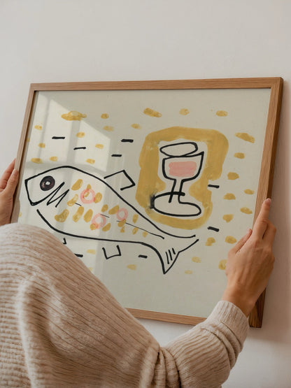 A playful illustration of a fish and a glass of wine on a textured background.