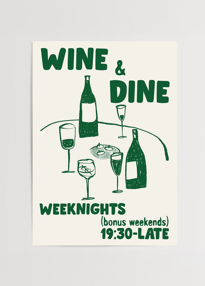 Illustrative wine and dine art print featuring drinks and bottles.