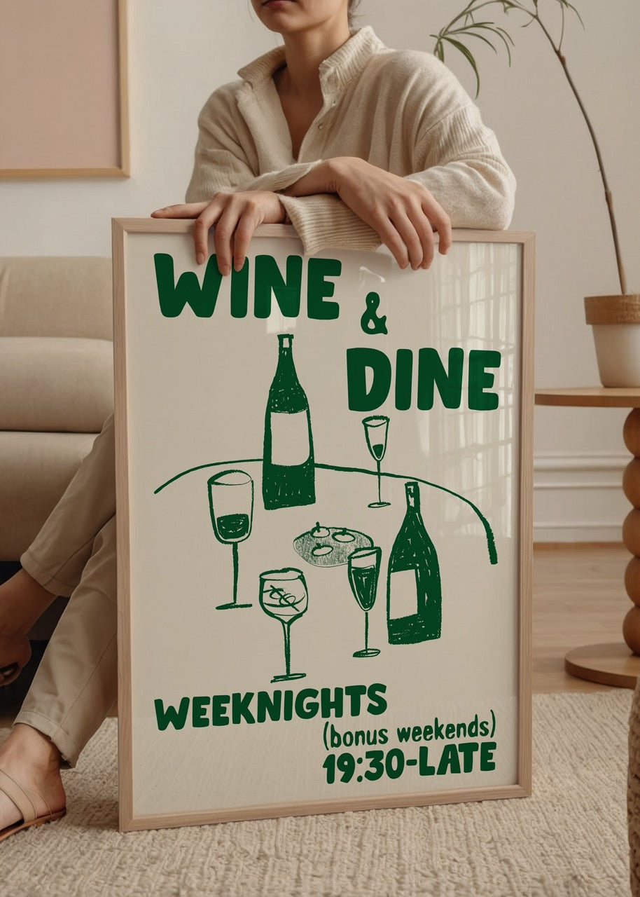 Illustrative wine and dine art print featuring drinks and bottles.