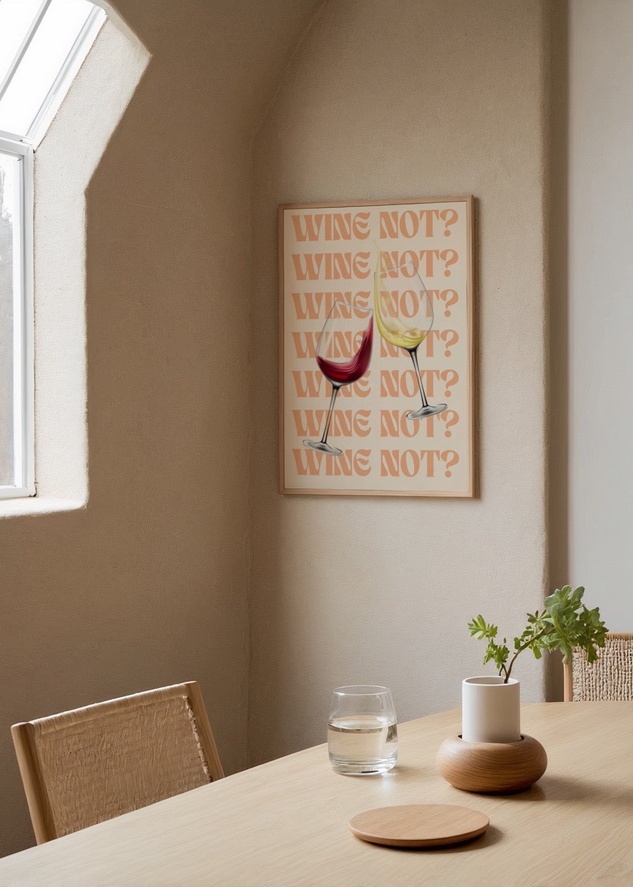 Playful wall art featuring illustrated wine glasses and text &
