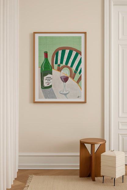 A vibrant green poster print featuring a wine bottle and glass on a table.