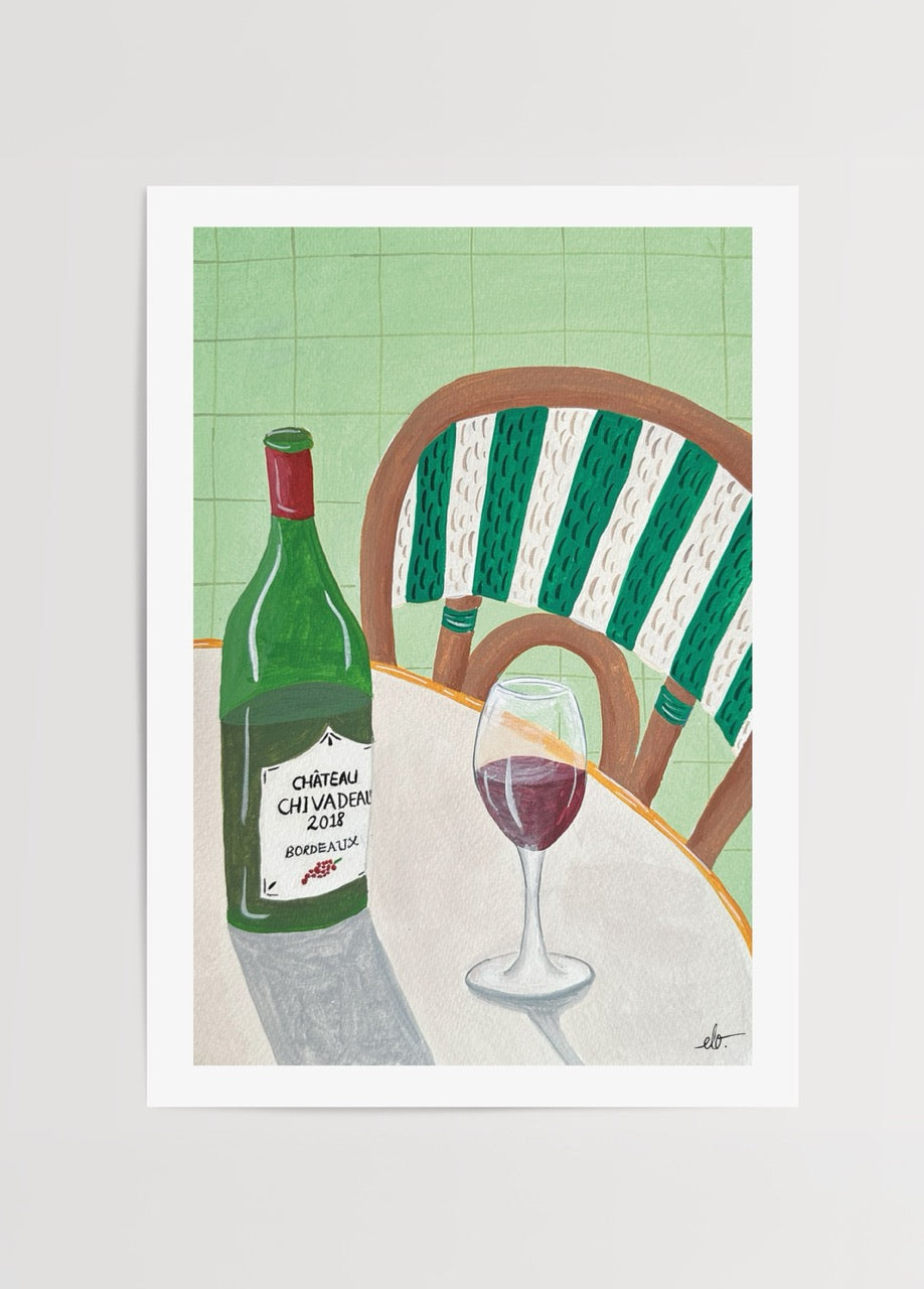 A vibrant green poster print featuring a wine bottle and glass on a table.