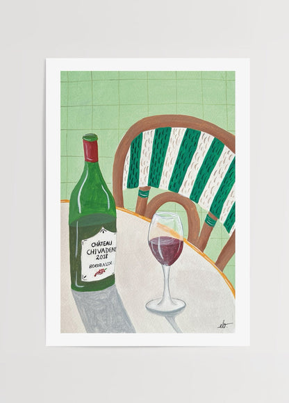 A vibrant green poster print featuring a wine bottle and glass on a table.
