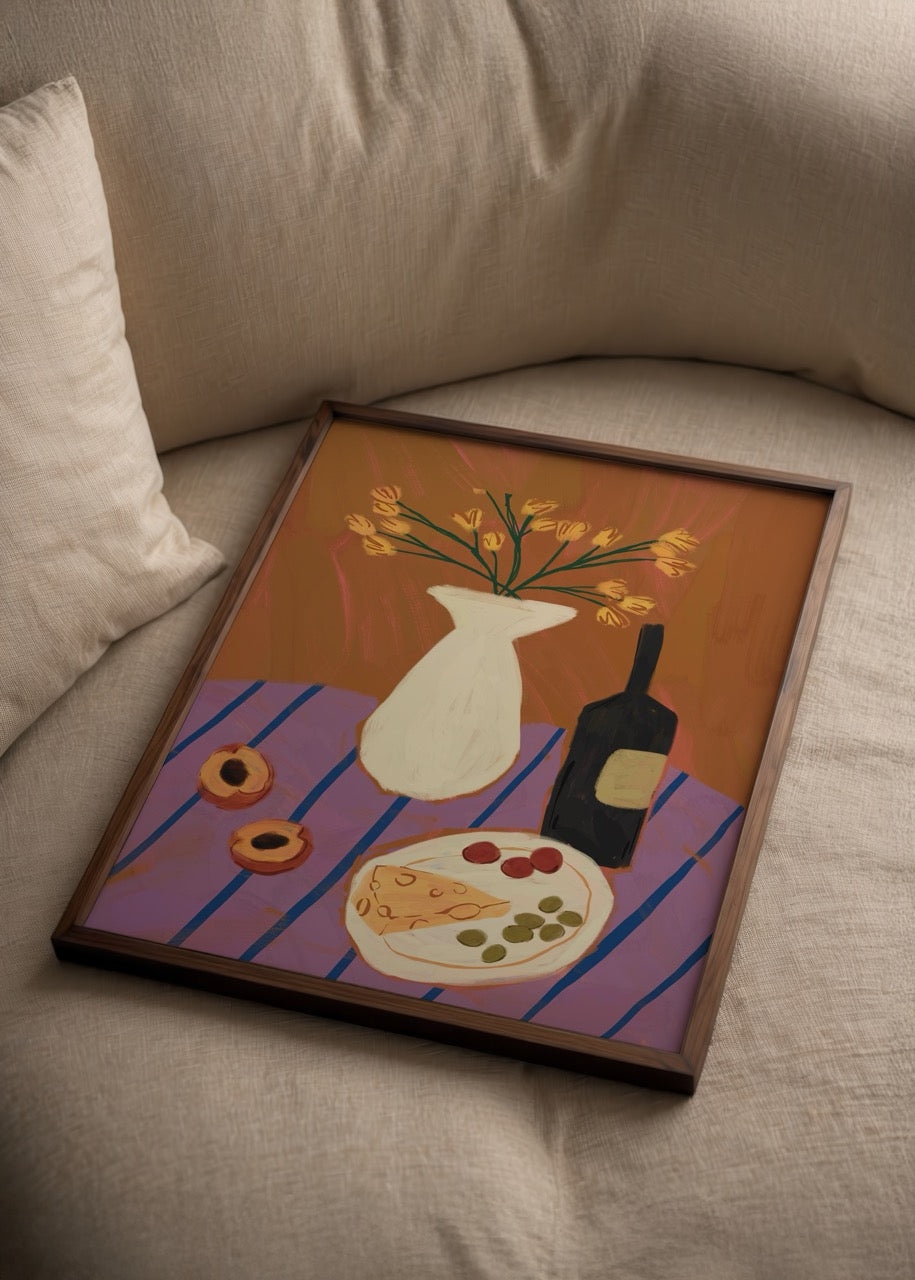 Vibrant oil painting featuring wine, cheese, and flowers on a table.