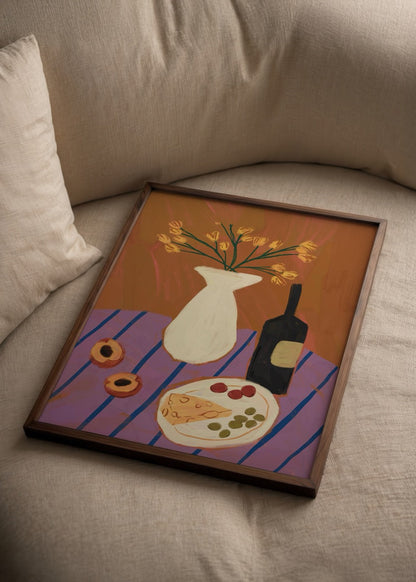 Vibrant oil painting featuring wine, cheese, and flowers on a table.