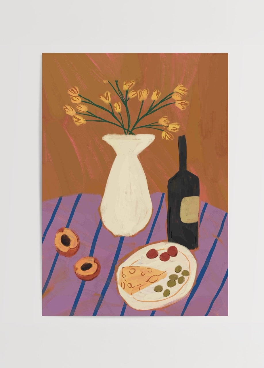Vibrant oil painting featuring wine, cheese, and flowers on a table.