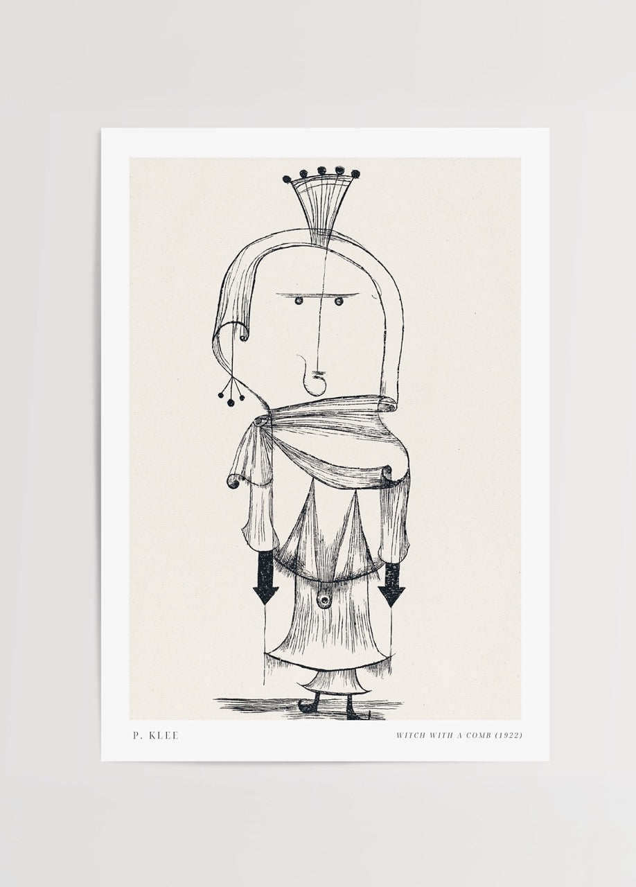 A minimalist poster of a witch with a comb, showcasing unique artistic style.