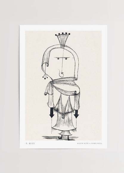 A minimalist poster of a witch with a comb, showcasing unique artistic style.