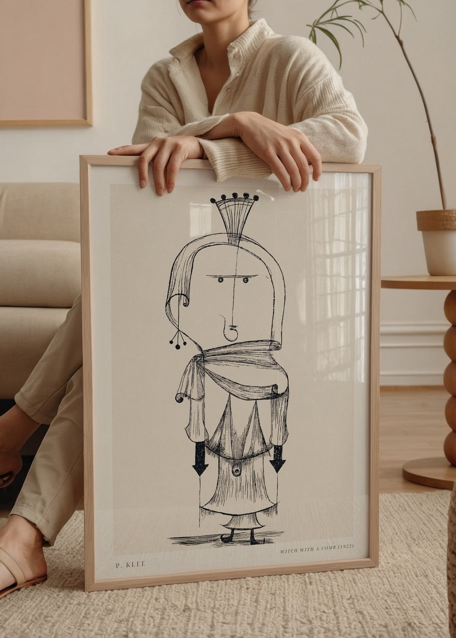 A minimalist poster of a witch with a comb, showcasing unique artistic style.