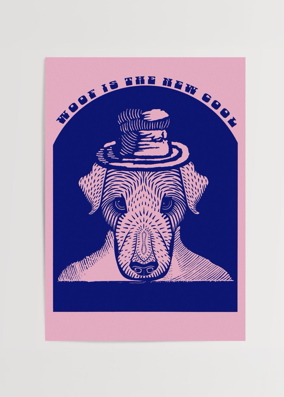 Illustrative dog wearing a hat in pink and blue tones.