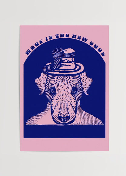 Illustrative dog wearing a hat in pink and blue tones.