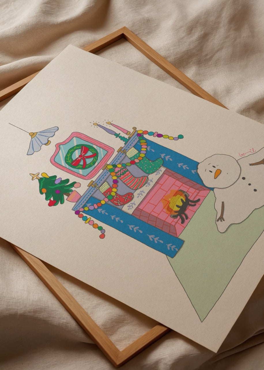 Whimsical winter scene featuring a snowman and decorated fireplace.