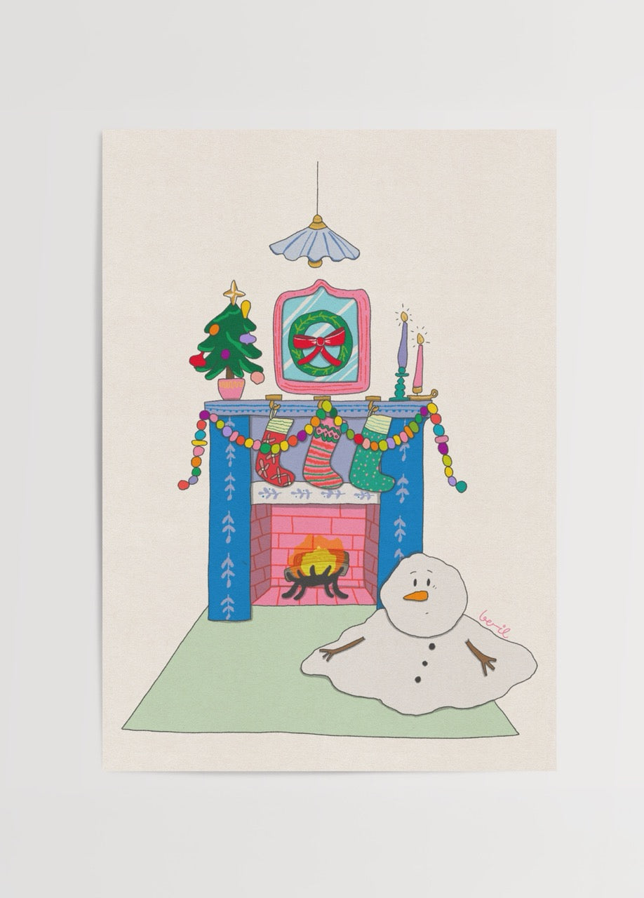 Whimsical winter scene featuring a snowman and decorated fireplace.