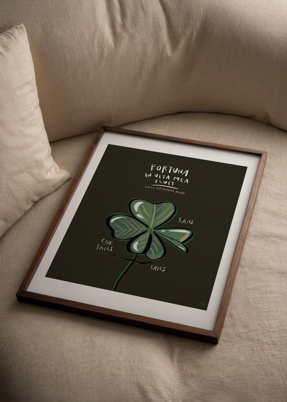 Leafy Clover Poster Print featuring a green clover on a dark background.
