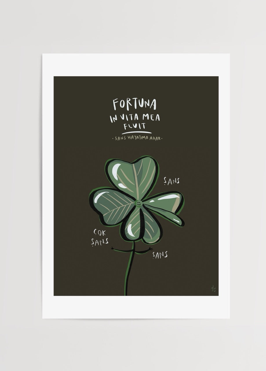 Leafy Clover Poster Print featuring a green clover on a dark background.