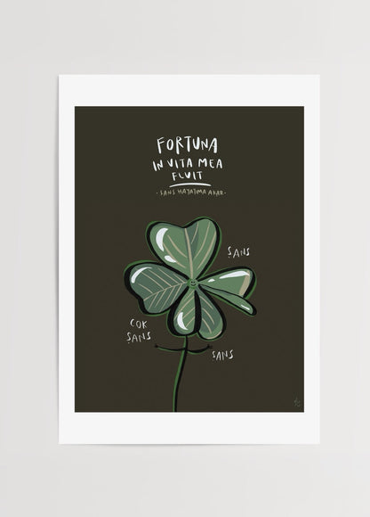 Leafy Clover Poster Print featuring a green clover on a dark background.