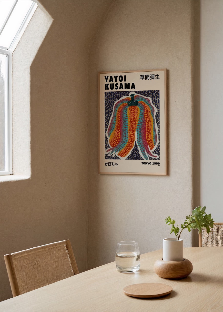 A vibrant art print featuring a colourful pumpkin design, perfect for modern interior styling.
