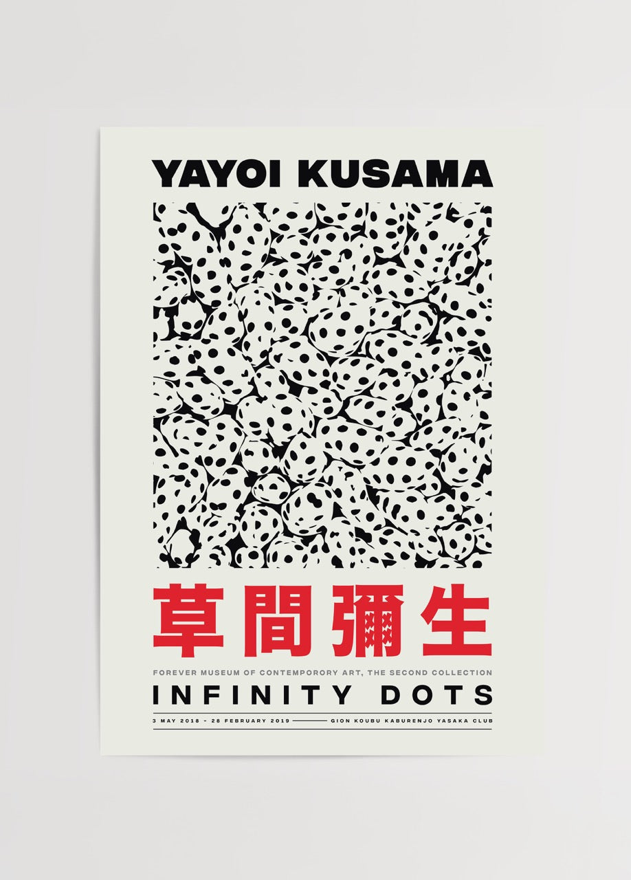 Yayoi Kusama Infinity Dots Poster featuring bold black dots on a white background.