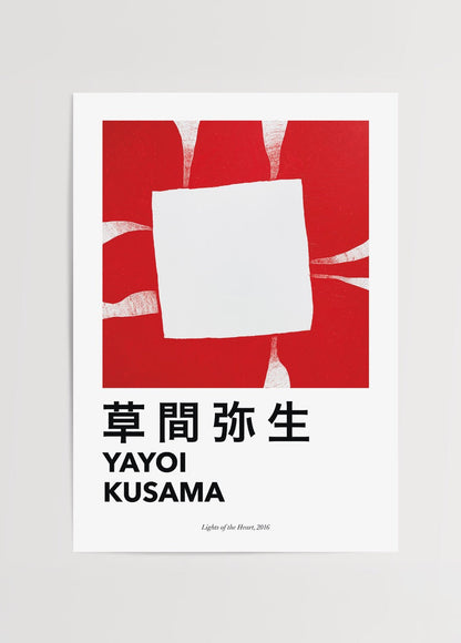 Yayoi Kusama Lights of the Heart 2016 poster featuring bold red and minimalist design.