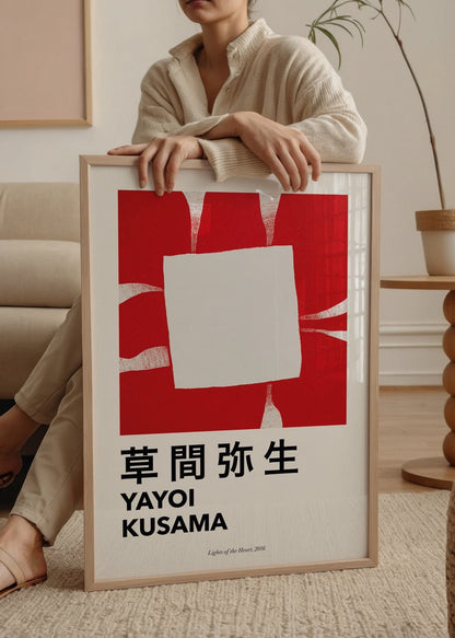 Yayoi Kusama Lights of the Heart 2016 poster featuring bold red and minimalist design.