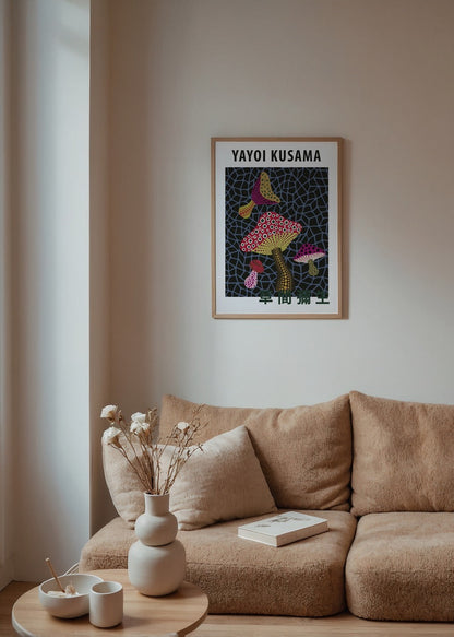 Vibrant whimsical mushroom artwork with bold patterns.