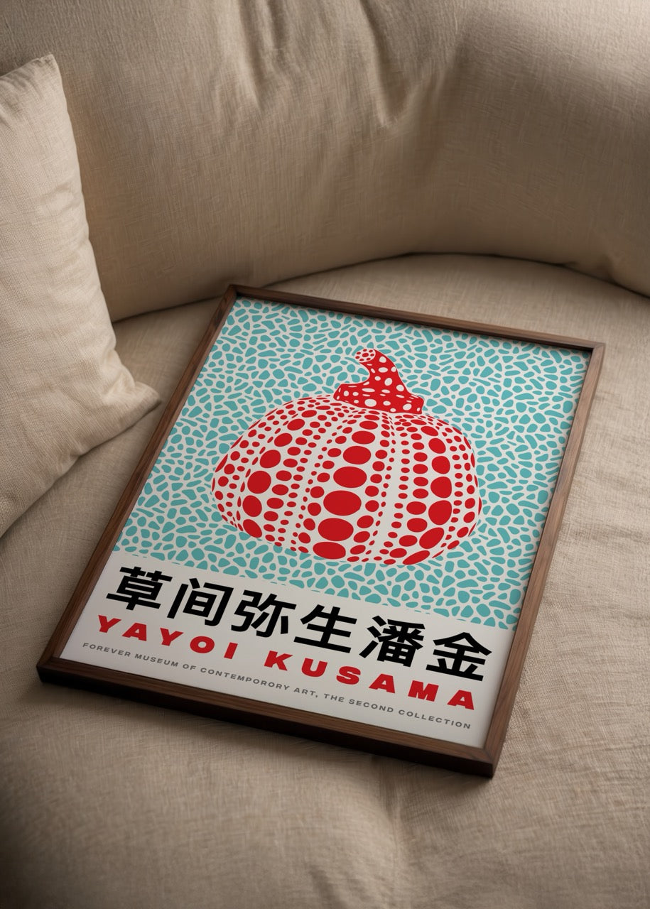 Vibrant pumpkin wall art featuring bold red and blue patterns.