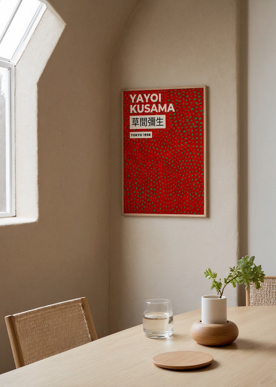 Vibrant red patterned art print adding colour to a modern interior.