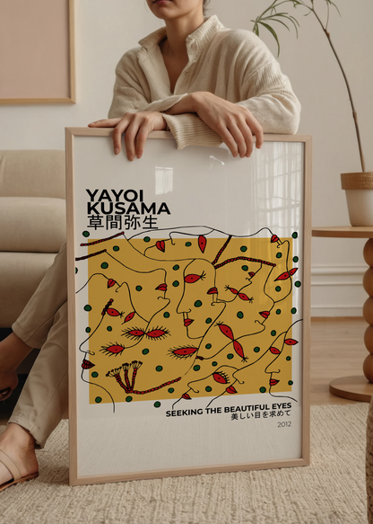 Vibrant artwork featuring abstract faces and dots, perfect for modern wall art.