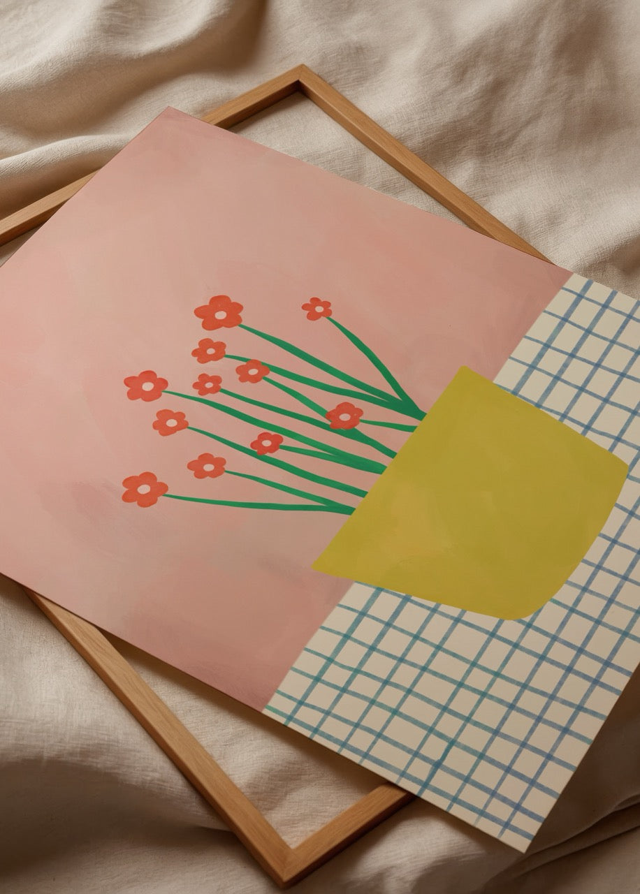 Bright and cheerful Yellow Pot Bloom Poster Print featuring flowers in a yellow pot against a pink background.