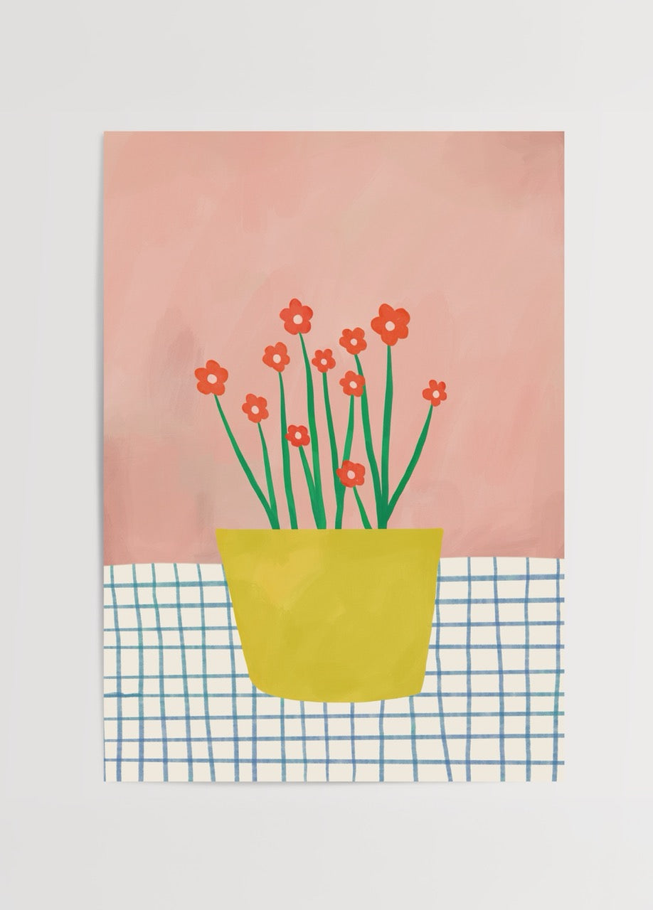 Bright and cheerful Yellow Pot Bloom Poster Print featuring flowers in a yellow pot against a pink background.