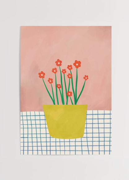 Bright and cheerful Yellow Pot Bloom Poster Print featuring flowers in a yellow pot against a pink background.