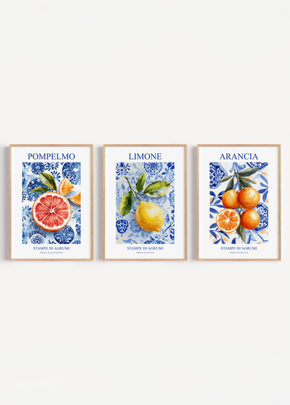 Three-piece poster set featuring grapefruit, lemon, and orange illustrations on a floral blue background.