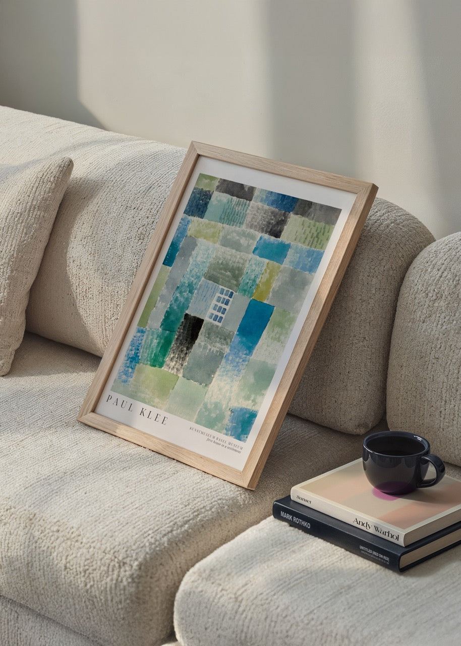 Colourful abstract grid art poster evoking textures and tranquility.