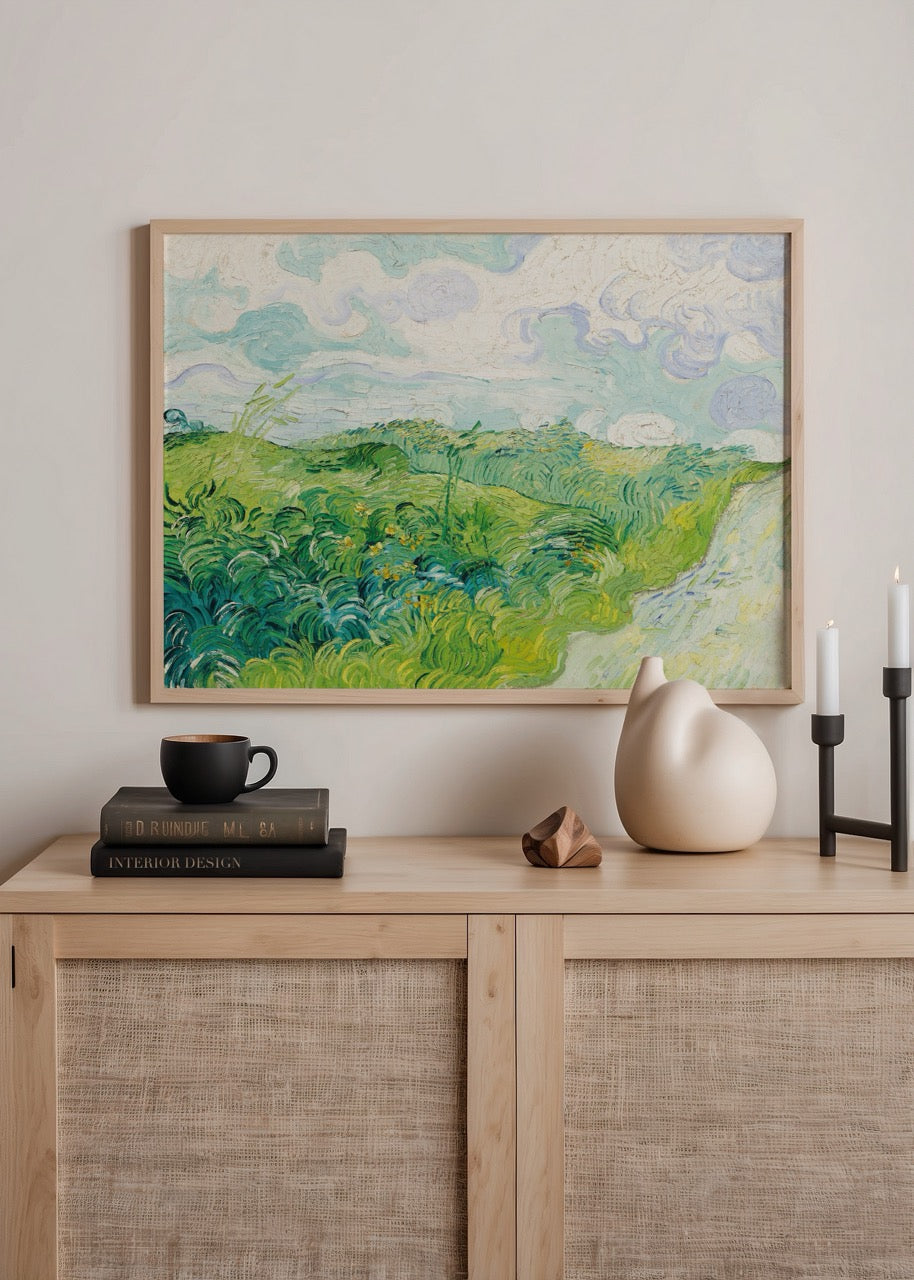 Lush green landscape art print evoking nature&