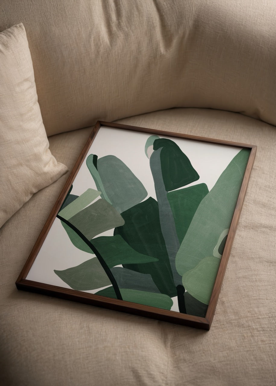 Minimalist art print featuring serene green leaves.