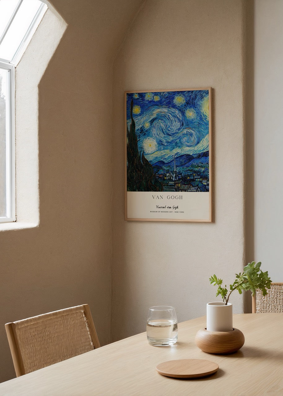 Celestial Nightscape Art Print featuring swirling blue skies and bright stars.