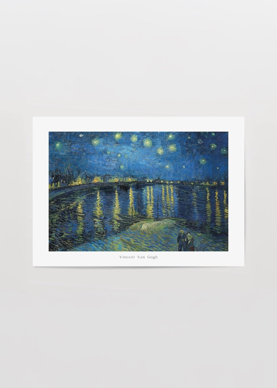 Night sky with stars reflected on the Rhône river in artwork.